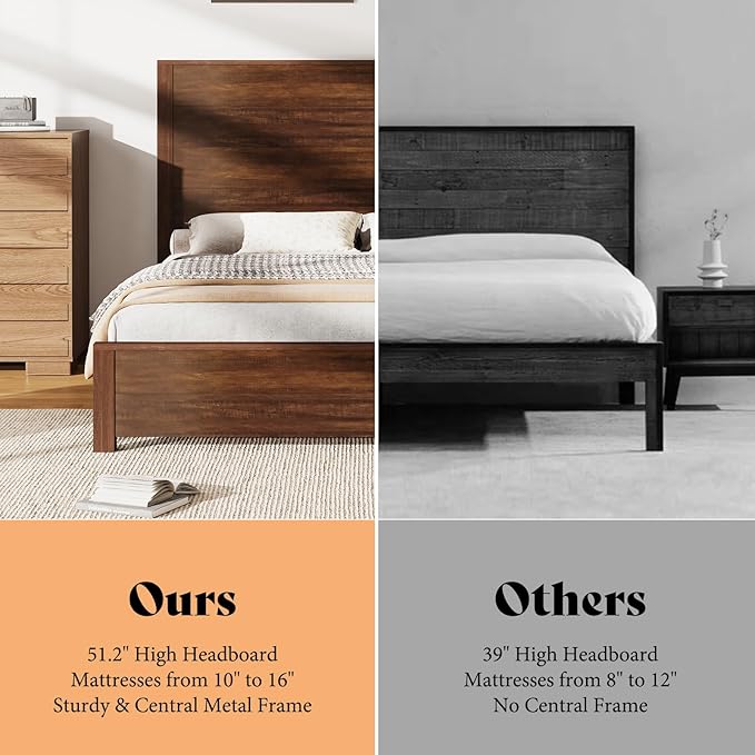 AMERLIFE King Size 51.2" Wood Bed Frame, Rustic Platform Bed with Spliced Headboard, Wood Slats Support/Noiseless/Reclaimed Barnwood//No Box Spring Needed