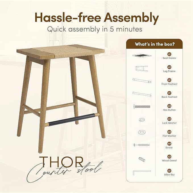 Thor Wicker Premium Solid Wood Counter Stool 24", Set of 2, Backless Counter Height Seating with Hand-Knitted Rope, Eco-Friendly Modern Design (Light Brown)
