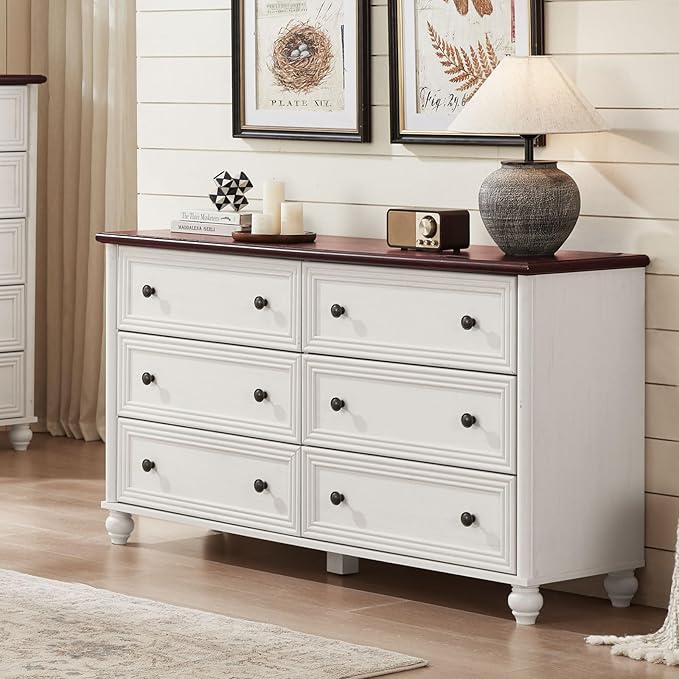 6 Drawers Dresser for Bedroom, Farmhouse 54" Wide Wood Dressers Chest of Drawers, Vintage Design TV Stand, Rustic Storage Dresser Organizer with Metal Handle Closet for Living Room, Hallway