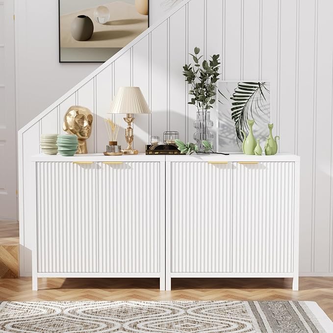 Sideboard Buffet Cabinet Set of 2, 31" Fluted Storage Cabinet with 2 Doors and Adjustable Shelves, Modern Sideboard Console Table for Living Room,Entryway,Dinning Room,Kitchen-White