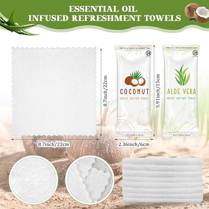 Timgle 50 Pcs Moist Towelettes Individually Wrapped Scented Disposable Face Towels Essential Oil Infused Moist Terry Cotton Towel for Use Hot or Cold Travel Body Spa (Aloe Vera, Coconut)