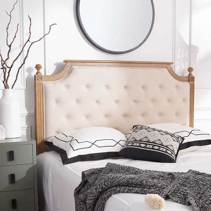 SAFAVIEH Home Collection Tufted Headboard, FULL - Linen, Beige/Rustic Oak