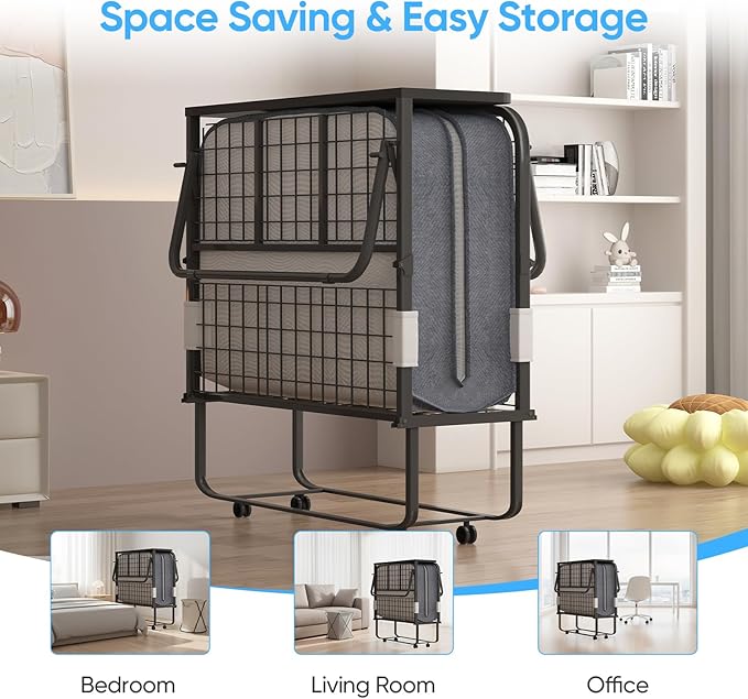 Mjkone Folding Bed with Mattress, Rollaway Bed for Adults with Headborad & Dustproof Bag, 5 Inch Portable Fold Up Bed for Guests with Casters, Foldable Frame, Space Saving for Bedroom（75" x 46"）