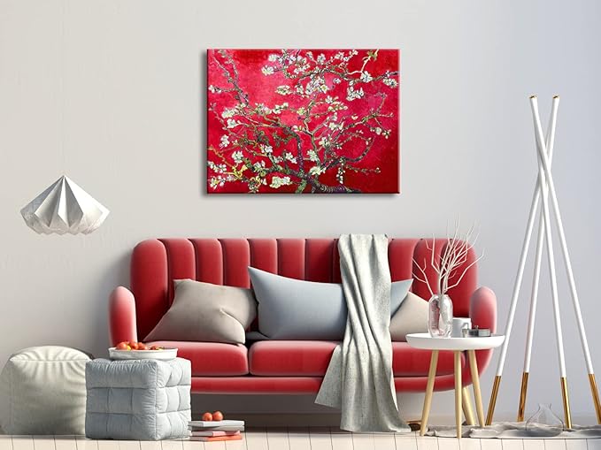 Wieco Art Large Red Almond Blossom Tree Vincent Van Gogh Paintings Reproduction Canvas Prints Wall Art for Home Decor and Wall Decor Classical Flowers Pictures Artwork