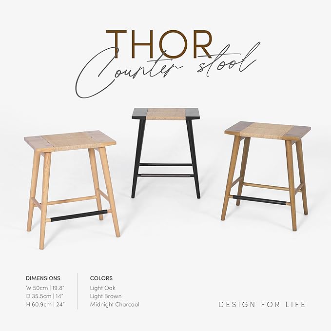 Thor Wicker Premium Solid Wood Counter Stool 24", Set of 2, Backless Counter Height Seating with Hand-Knitted Rope, Eco-Friendly Modern Design (Light Brown)