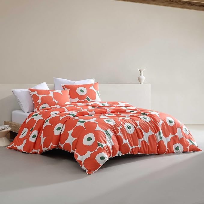 Marimekko - Duvet Cover Set, Super Soft Organic Bedding, Casual Home Decor (Unikko Orange, Full/Queen)