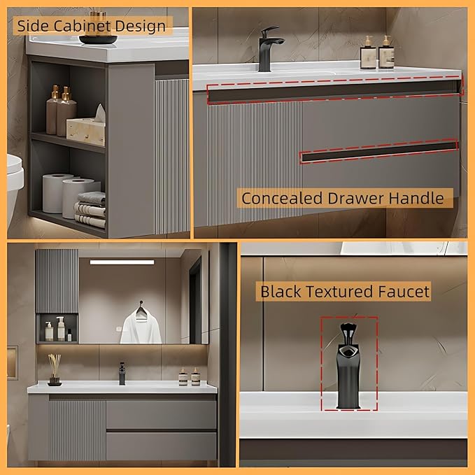 40IN Suspended Bathroom Cabinet Combo Set - Fully Functional LED Mirror with Smart Defogging & Time Display | Bathroom Vanity with Sink,Side Cabinet Storage Compartment (Style A)