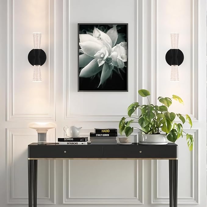 JoollySun Black Wall Sconce Crystal: Dimmable 3-Color (3000K-6000K) LED Bathroom Lighting for Hallway Bedroom Decorative