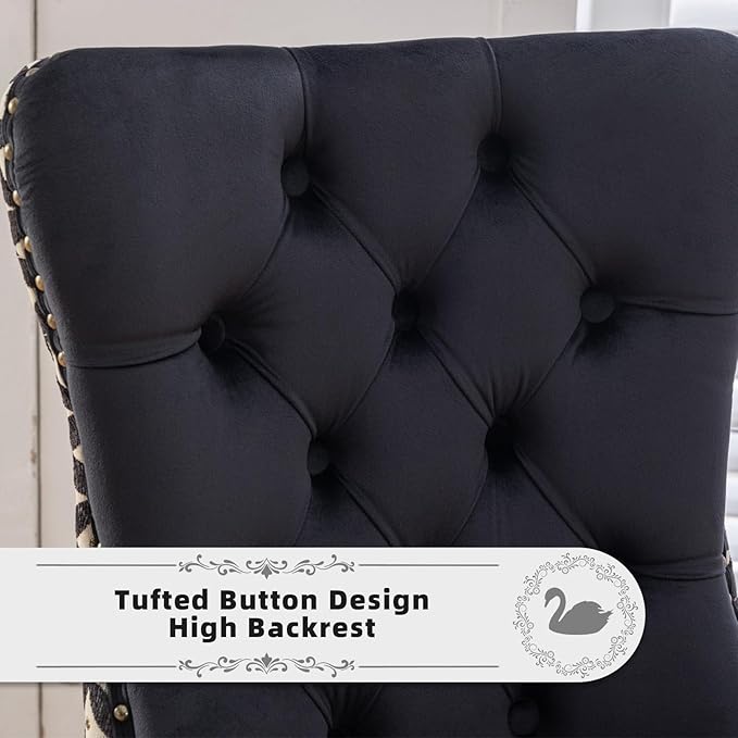 Velvet Upholstered Dining Chairs Set of 8, Modern Style Kitchen Side Chairs with Nailhead Trim and Wood Legs,Metal Pulling Ring for Dining Room Living Room(Quadrangular Star&Black)
