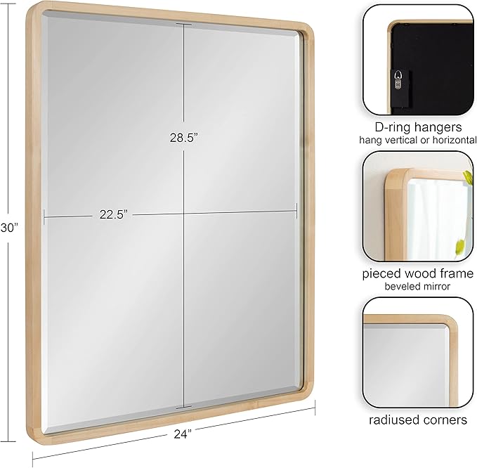 Kate and Laurel McLean Modern Wood Round Rectangle Wall Mirror for Mid-Century Home Décor, 24x30, Natural