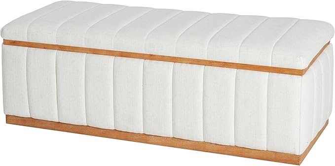 Christopher Knight Home Kira Living Room Ottoman with Storage, Linen Upholstered Storage Ottoman Bench with Channel-Tufted Design, Wood Frame Sofa Foot Stool, Bedroom End of Bed Bench, Beige