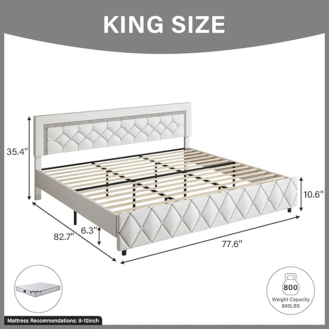 BarnFurin King Size Bed Frame and Headboard, Faux Leather Upholstered Bed with Diamond Tufted Design, Modern Platform Bed Frame with Wooden Slats Support, No Box Spring Required, Easy Assembly, White
