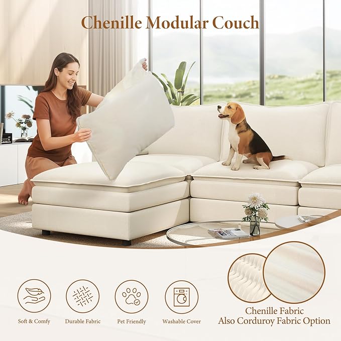 Vesgantti 108" Sectional Sleeper Sofa, 6-Seater Oversized Modular Cloud Couch with Movable Ottoman, Chenille Large Sofa Bed Convertible Deep Seat Couches for Living Room, Bedroom and Apartment, Beige