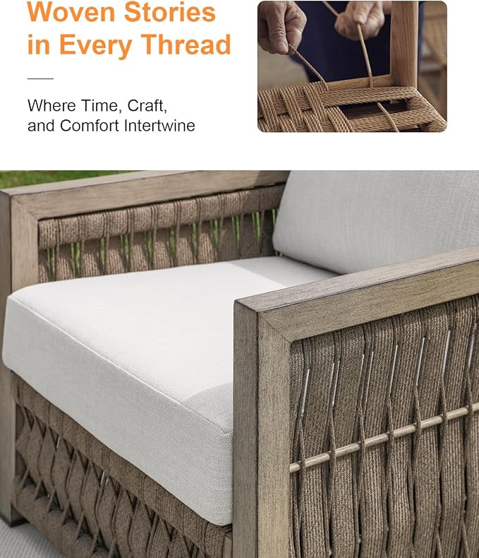 Patio Chair, Outdoor Aluminum Chair with Thick Washable Cushions, Rope Weave Outdoor Armchair Furniture Patio Sofa Armchair, Deep Seating Outside Furniture for Garden, Porch, Balcony, Gray Oak