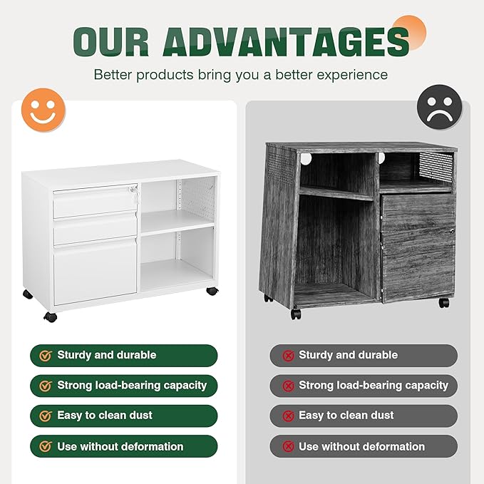 Letaya Mobile 3 Drawer File Cabinet with Lock-Metal Lateral Rolling Printer Stand Filing Cabinets for Home Office-Storage A4/F4/Letter (White)