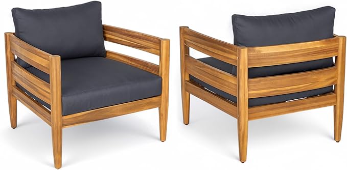 Christopher Knight Home Annie Acacia Wood Outdoor Chairs Set of 2, Patio Lounge Chair Outdoor with Slatted Back, Accent Chair with Cushions, Stylish Armchair for Balcony/Garden, Dark Gray + Teak