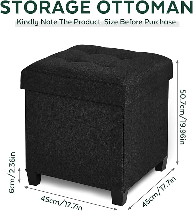 17.7" Ottoman with Storage, Square Storage Ottoman for Dorm, Linen Ottomans with Legs for Living Room, Bedroom, Black
