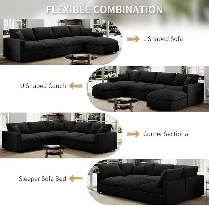 Modern Sectional Linen Couch for Living Room L-Shape Sofas,5 Seat Modular Cloud Sofas,Couches Cushion Covers Removable,Cozy Feather Down Sofa for Apartment Black