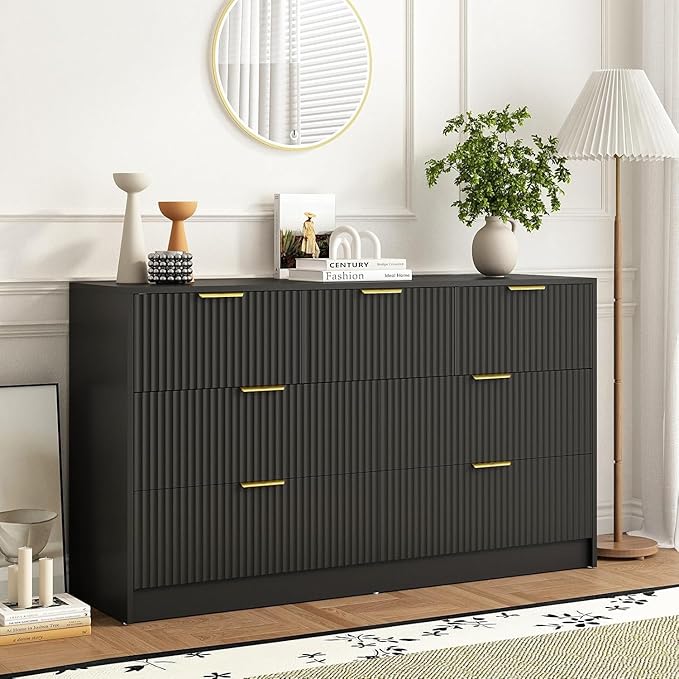 7 Drawers Dresser for Bedroom,55" Wide Fluted Dresser with Deep Drawers, Modern Chest of Drawers, Wood TV Stand Storage Organizer for Closet, Living Room, Hallway, Black