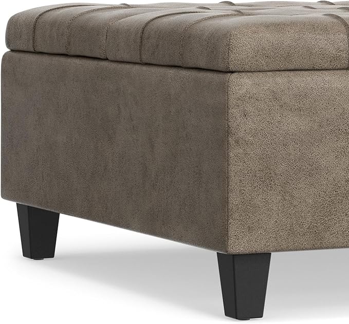 SIMPLIHOME Harrison Coffee Table Storage Ottoman - 36 inch Wide Upholstered Faux Leather Square Lift-Top Ottoman in Distressed Smoky Grey Brown, Transitional Ottoman for Living Room with Storage
