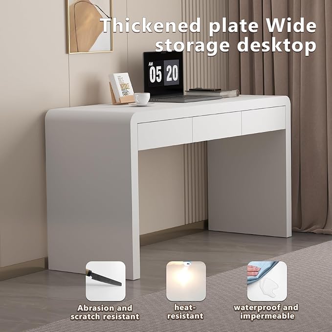 Dongge White Computer and Gaming Desk with Drawers.Home Office desks for Bedroom.Wooden Kids' Writing Table.Three-Layer Lacquered Thick Wooden Board Work Desk That can be Used as a Vanity