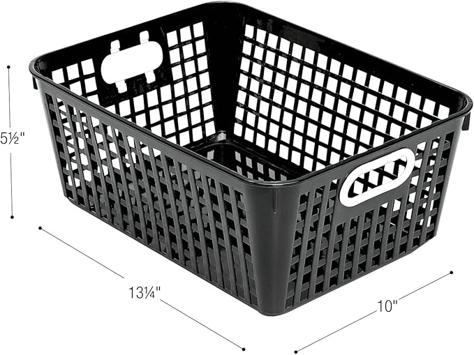 Really Good Stuff - 160016BK Multi-Purpose Plastic Storage Baskets for Classroom or Home Use - Stackable Mesh Plastic Baskets with Grip Handles 13" x 10" (Black - Set of 12)