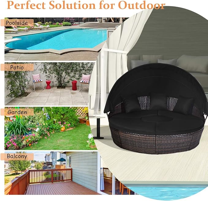 COSTWAY Patio Round Daybed with Retractable Canopy, Wicker Furniture Sectional Couch with Separate Cushioned Seats, Adjustable Table Top, Patio Rattan Daybed Sofa for Backyard, Poolside, Black