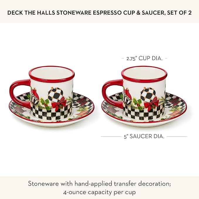 MACKENZIE-CHILDS Set of 2 Stoneware Espresso Cup and Saucer, Cute Coffee Cups
