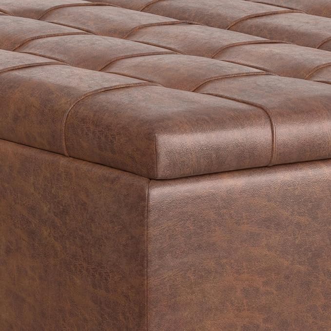 SIMPLIHOME Harrison Large Coffee Table Storage Ottoman - 40 inch Wide Upholstered Vegan Leather Square Lift-Top Ottoman in Distressed Saddle Brown, Transitional Bench for Living Room with Sturdy Base
