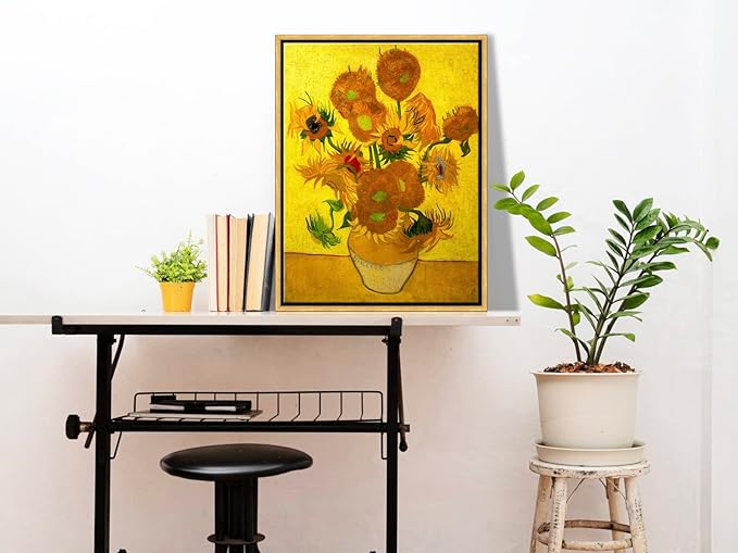 Wieco Art Framed Wall Art of Vase with Fifteen Sunflowers by Vincent Van Gogh Paintings Reproduction Abstract Canvas Prints for Home Living Room Decorations Bronze Gold Frame