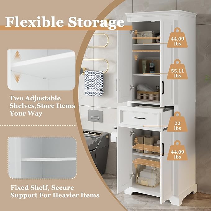 Tall Freestanding Storage Cabinet with 4 Doors & One Drawer, Multi-Purpose Organizer with Adjustable Shelf for Bathroom, Office, Living Room, White