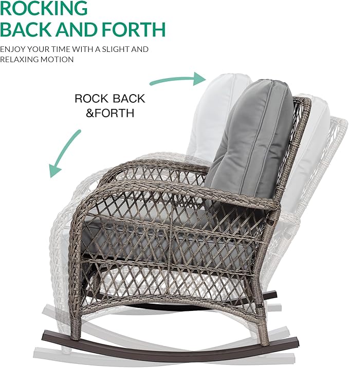 VIVIJASON 5-Piece Outdoor Patio Wicker Conversation Sets, All Weather Outdoor Rattan Furniture Set Includes Glider Loveseat, 2 Coffee Table, 2 Rocking Chairs with Cushions for Backyard, Grey