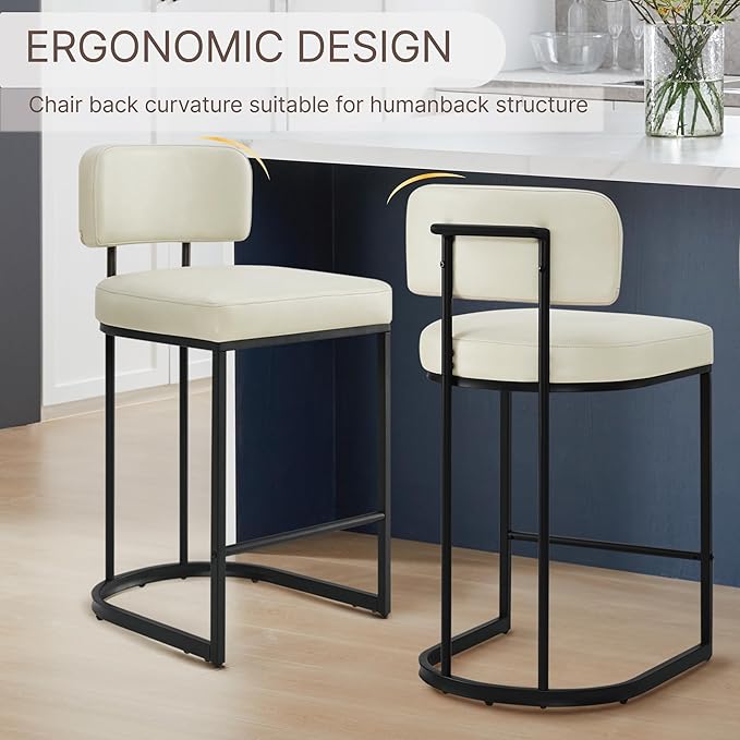 26" H Counter Height Bar Stools Set of 2, Modern Faux Leather Upholstered Barstools with Backrest for Kitchen Island, Black Metal Frames, Cream