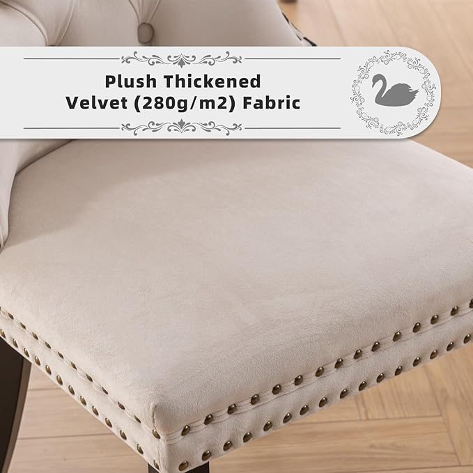 Velvet Upholstered Dining Chairs Set of 8, Modern Style Kitchen Side Chairs with Nailhead Trim and Wood Legs,Metal Pulling Ring for Dining Room Living Room(Quadrangular Star&Beige)