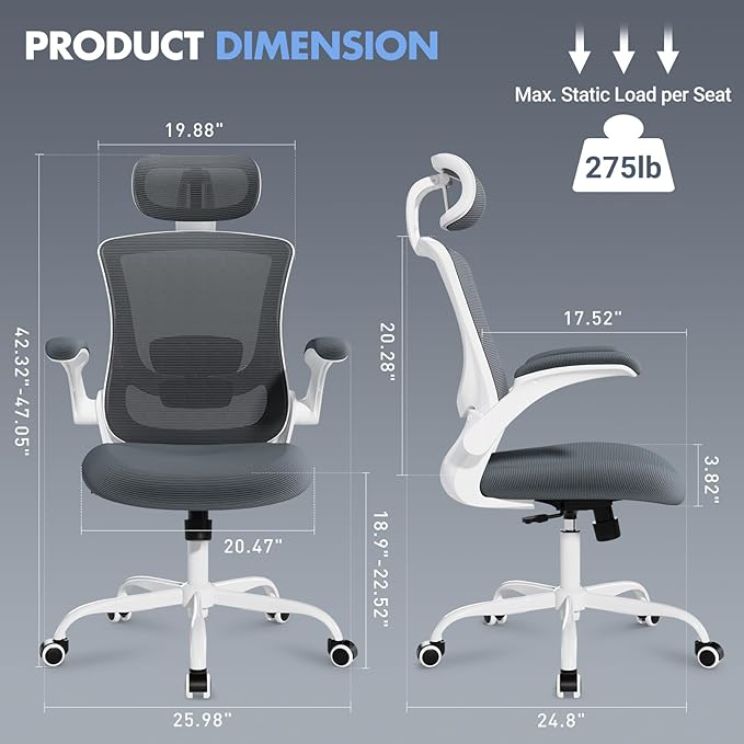 Ergonomic Office Chair with Adjustable Lumbar Support & Headrest, High Back Mesh Desk Chair with Flip-Up Armrests, Breathable & Comfortable Computer Chair for Home, Office & Study –Grey