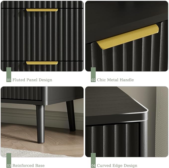 LYNSOM Fluted Dresser and Nightstand Set, 3 Pieces Bedroom Set, 55 Inch Wide 6-Drawer Dresser & 2-Drawer Nightstands Set of 2, Modern Dressers Set for Bedroom, Hallway, Black