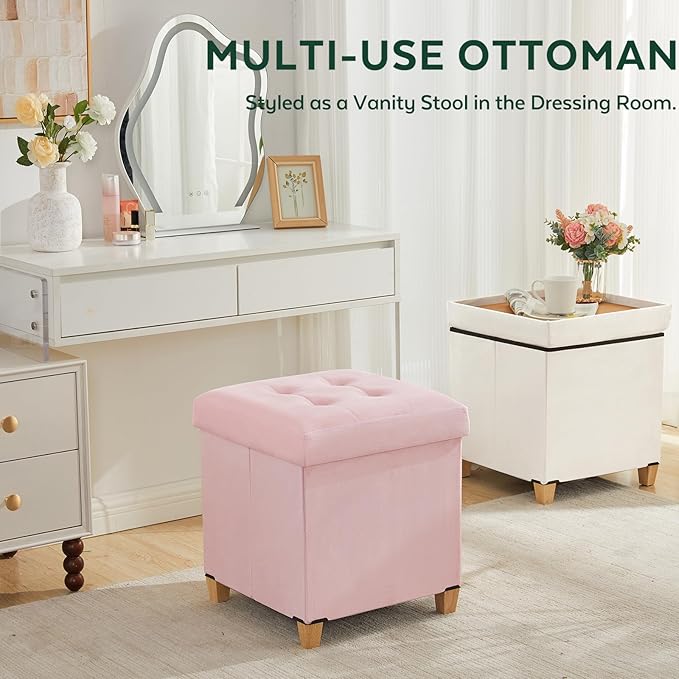 17.7" Ottoman with Storage, Square Storage Ottoman for Dorm, Velvet Ottomans with Legs for Living Room, Bedroom, White