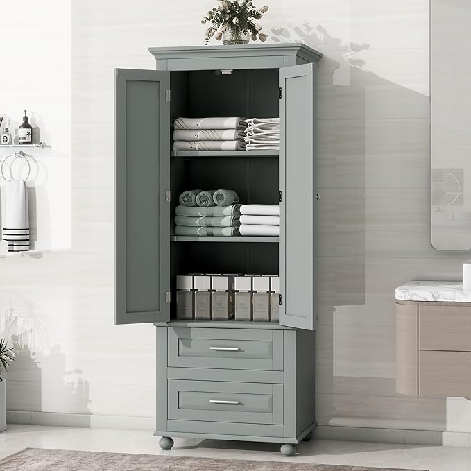 Polibi Tall Storage Cabinet with 2 Drawers, 3-Tier Adjustable Shelves & 2 Doors, Floor Freestanding Cabinet for Bathroom, Living Room, Grey