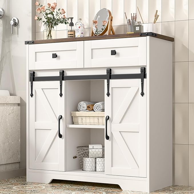 Farmhouse Storage Cabinet With Sliding Barn Doors and Drawers for Bathroom, Kitchen, Living Room - Rustic Style Floor Storage, White