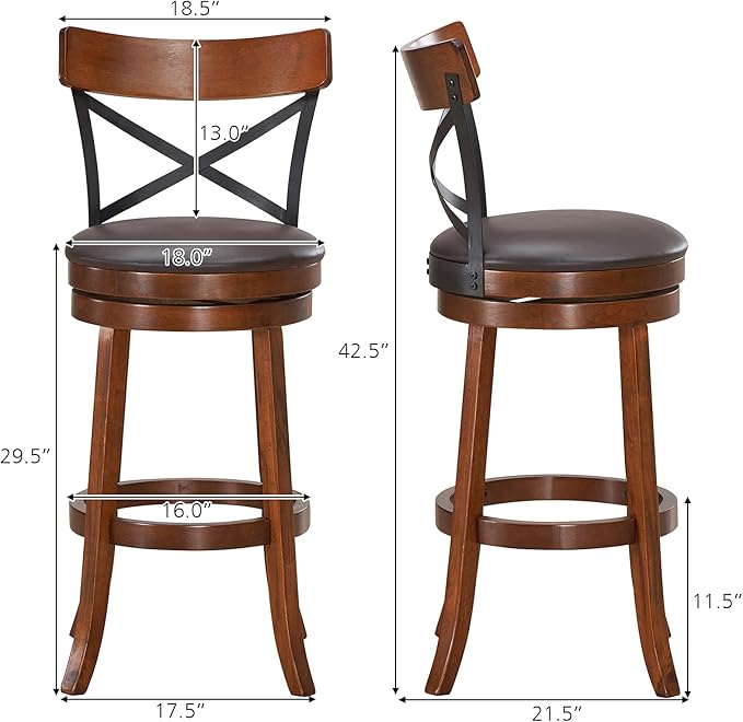 ERGOMASTER Swivel Counter Height Barstool 29 Inch Seat Height Bar Chair Cappuccino X Open Back （ 29 Inch,Set of 2）