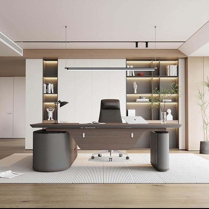 SAINTCY Large Executive Office Desk with File Cabinet, 86.6 Inch Sit & Stand L Shaped Executive Desk, Adjustable Luxury Office Desks for Boss, Business Owners, Managers and Supervisors Return Right