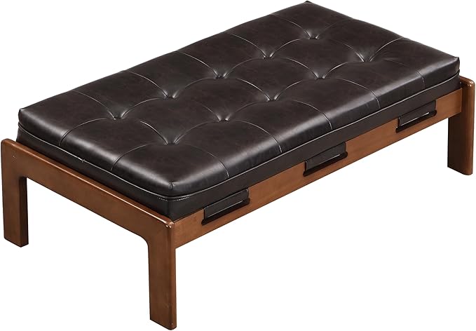 Christopher Knight Home Penley Modern Rectangular Faux Leather Upholstered Living Room Ottoman Bench/Coffee Table, Rubberwood Frame, Tufted Large Sofa Footstool, Multi-Functional, Dark Brown+Walnut