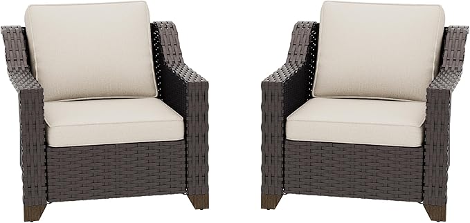 Patio 2 Pieces Wicker Chairs Set of 2，Outdoor PE Rattan Armchairs, Water-Resistant Cushions with Removable and Washable Covers, Porch, Balcony, Sunroom (Beige)