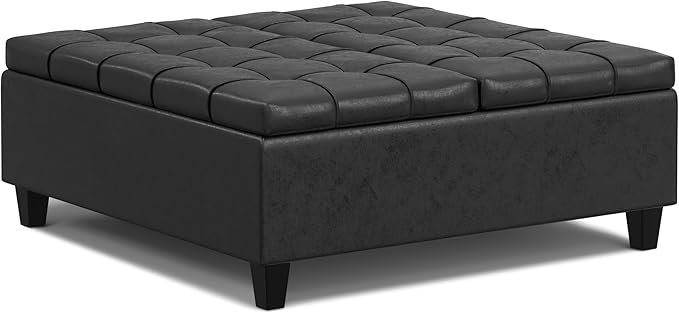 SIMPLIHOME Harrison Large Coffee Table Storage Ottoman - 40 inch Wide Upholstered Vegan Leather Square Lift-Top Ottoman in Distressed Black, Transitional Bench for Living Room with Sturdy Base
