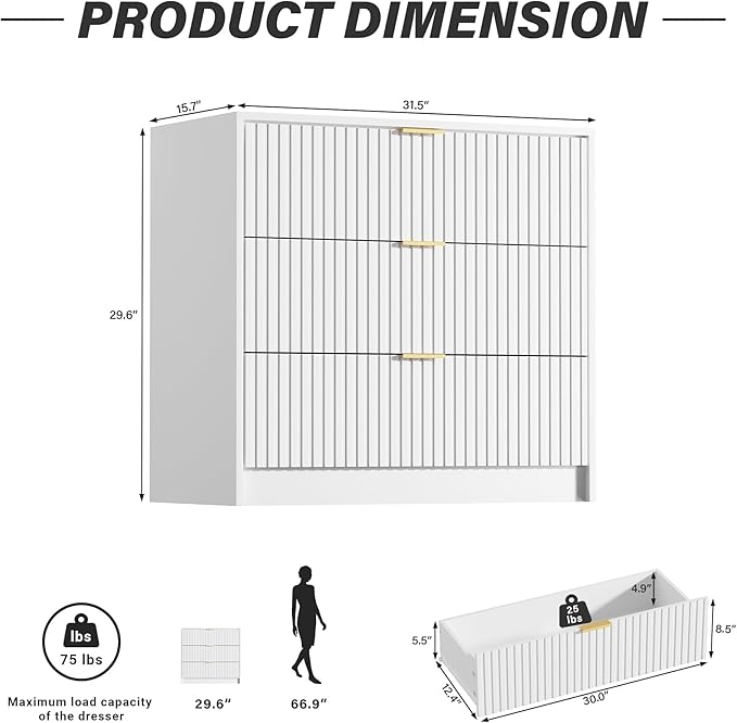White Dresser for Bedroom, Modern Dresser with 3 Drawers and Smooth Slides, Wide Chest of Drawers with Golden Handles for Bedroom, Living Room, Closet, 15.7" D x 31.5" W x 29.6" H