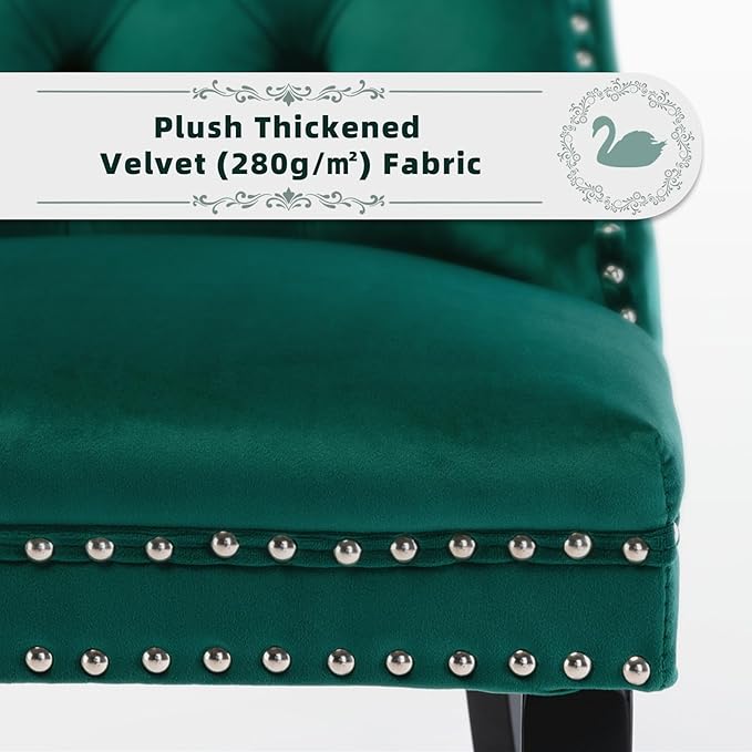 Velvet Upholstered Dining Chairs Set of 6, Modern Style Kitchen Side Chairs with Nailhead Trim and Wood Legs,Metal Pulling Ring for Dining Room Living Room(Green,Set of 6)