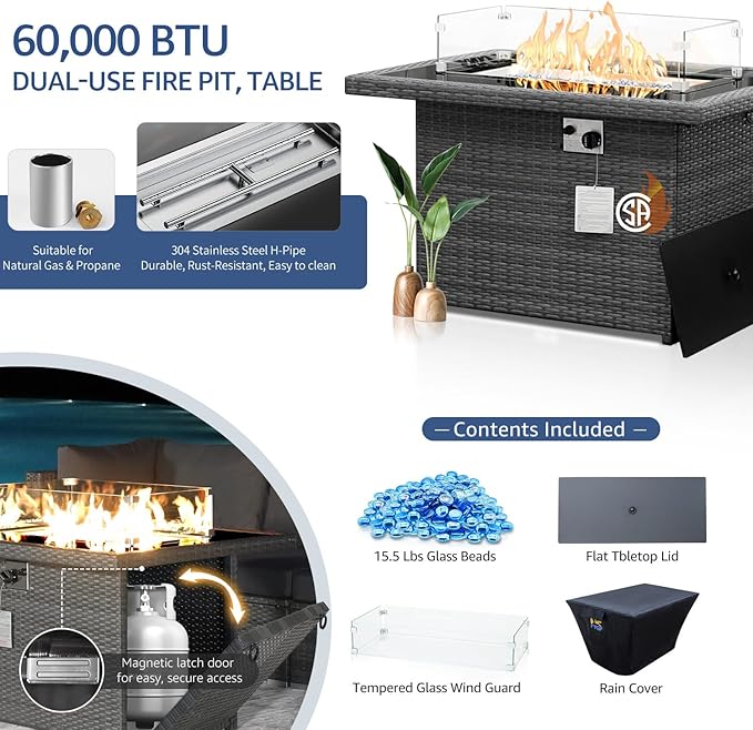 NICESOUL Large Size 9 Piece Patio Conversation Set with Fire Pit Table Propane/Gas, 29.3'' High Back Outdoor Furniture Sectional Set, Heavyweight Rattan Contemporary Sofa, 2 Color Cushion Black &Gray