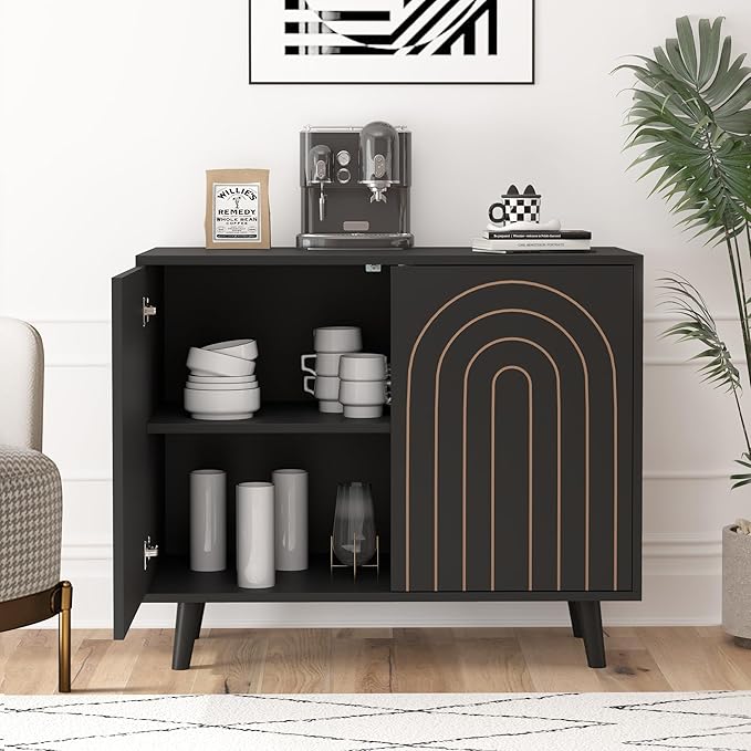 Accent Cabinet with Carving Lines, Modern Buffet Sideboard with Adjustable Shelves, Decorative Storage Cabinets for Bedroom Living Room Kitchen Office and Hallway (Black, 1)