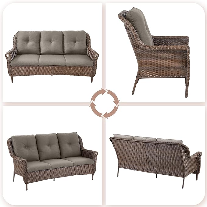 Patio Couch Outdoor Wicker Sofa - Heavy Duty All-Weather Brown Rattan 3-Seater with High Back and Comfortable Thick Cushions for Garden Back Porch Poolside Apartment - Grey