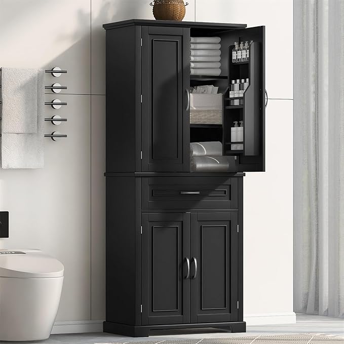 Polibi Bathroom Storage Cabinet with 4 Doors, 3-Tier Door Racks, Storage Drawer, 72" Free-Standing Tall Linen Cabinet for Bathroom, Living Room, Apartment, Black
